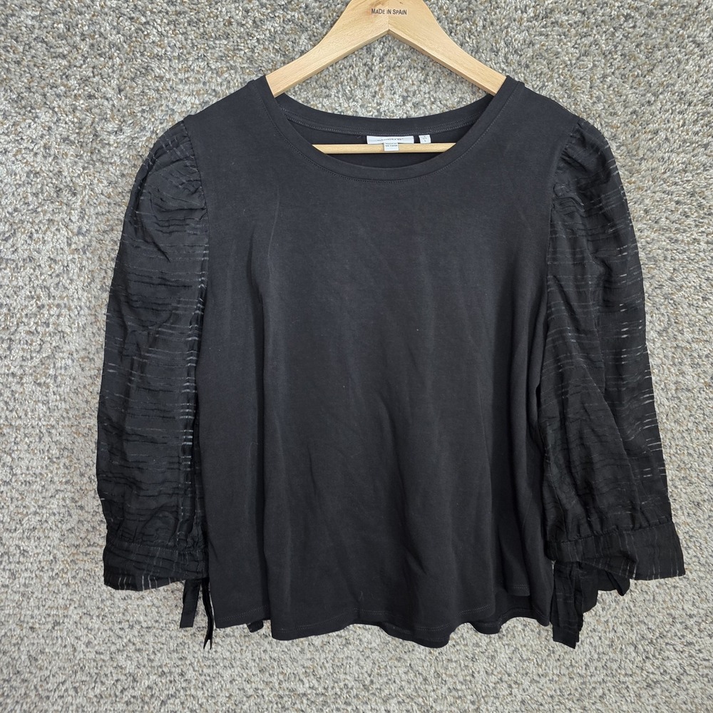 Chicos Top Womens 2 US Large‎ Black Crew Neck Puff Sleeve Blouse Knit Ladies